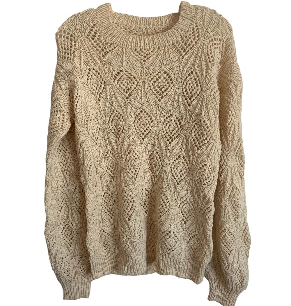 VTG Handmade Womens Small Crochet Sweater Diamond Knit Ivory Sweater 80s 90s Y2K